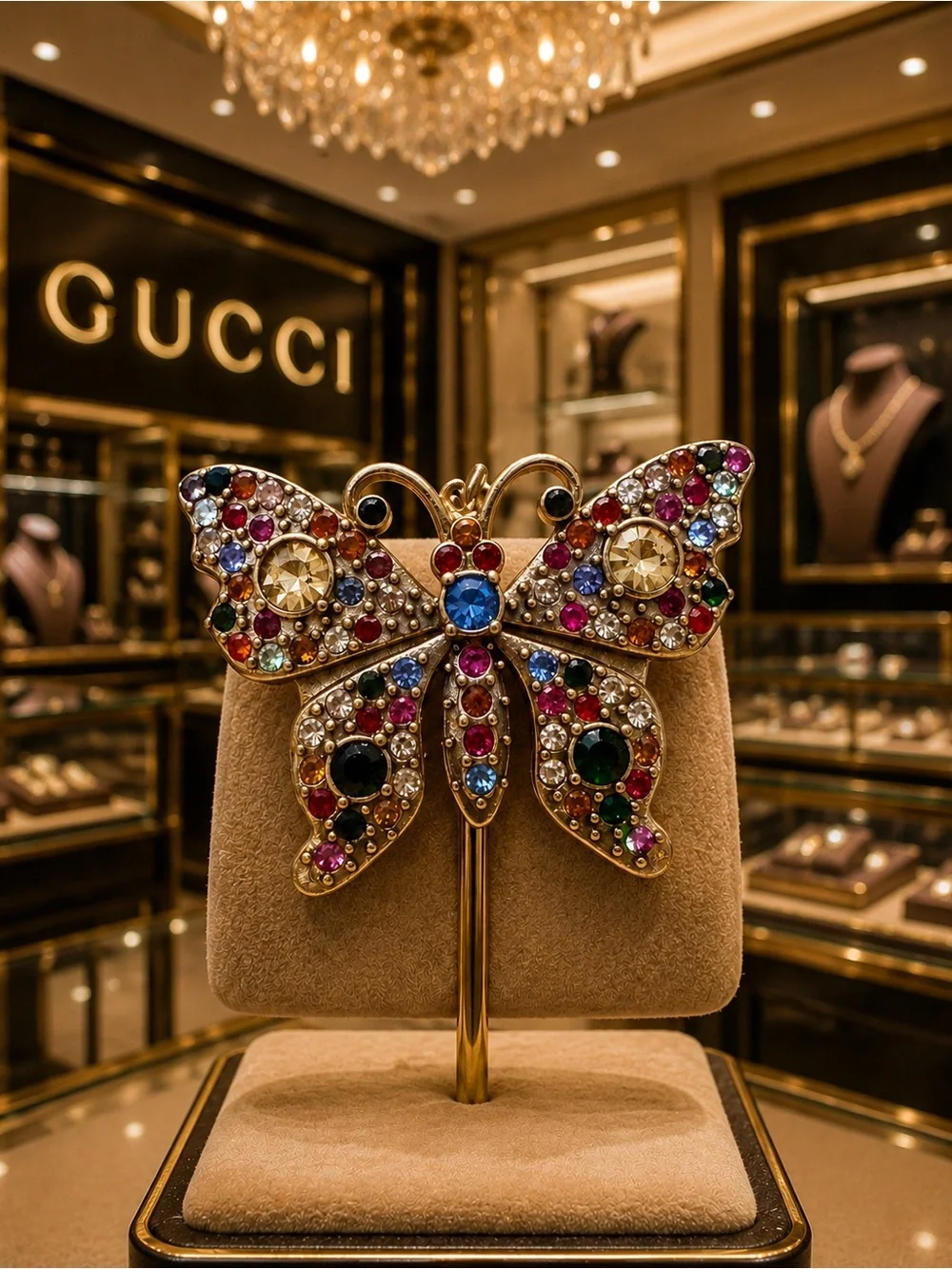 Gucci Gold-Tone Multistone Butterfly pendant with Blue Accent. From 2016 to 2918